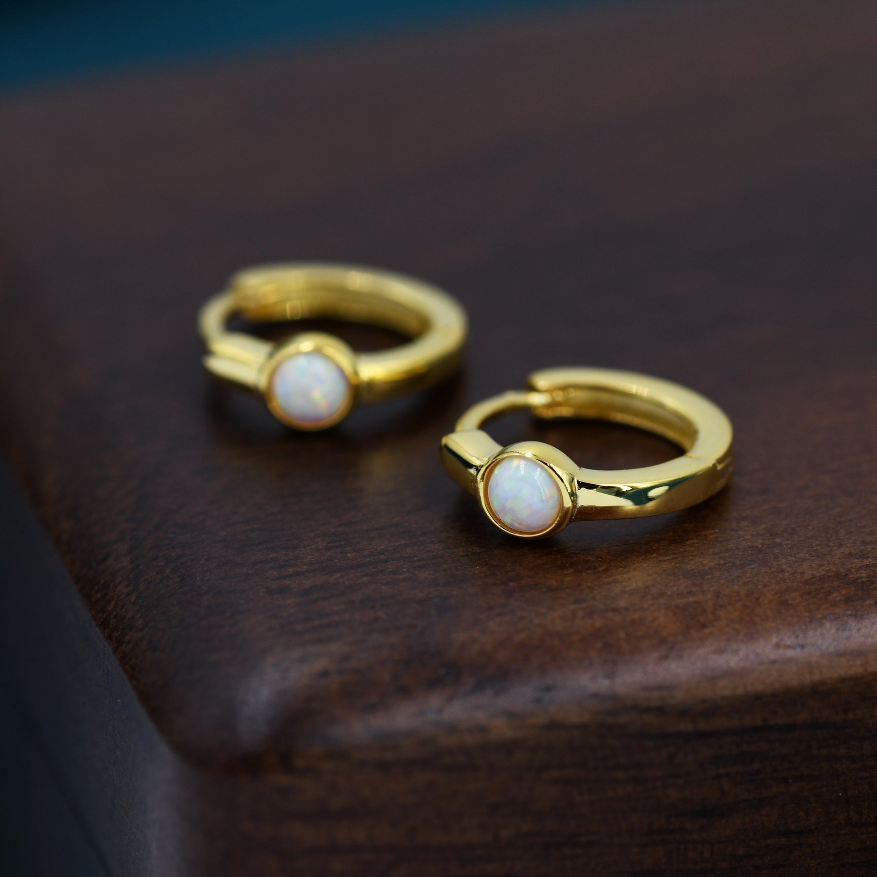 White Opal Dot Huggie Hoop Earrings in Sterling Silver, Tiny Opal Hoops, Opal Hoops, Fire Opal Hoops