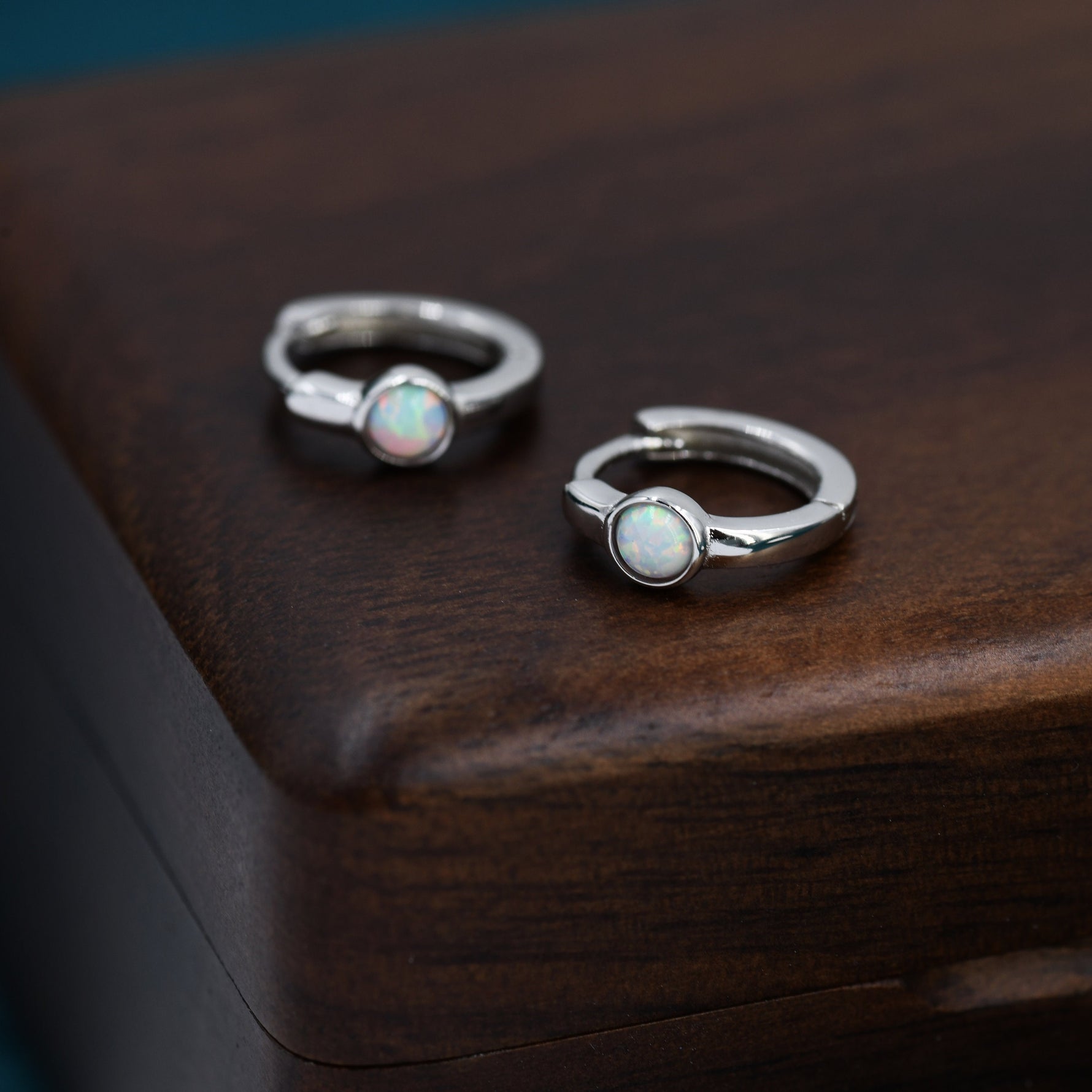 White Opal Dot Huggie Hoop Earrings in Sterling Silver, Tiny Opal Hoops, Opal Hoops, Fire Opal Hoops