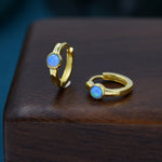 Blue Opal Dagger Huggie Hoop Earrings in Sterling Silver, Tiny Opal Hoops, Opal Hoops