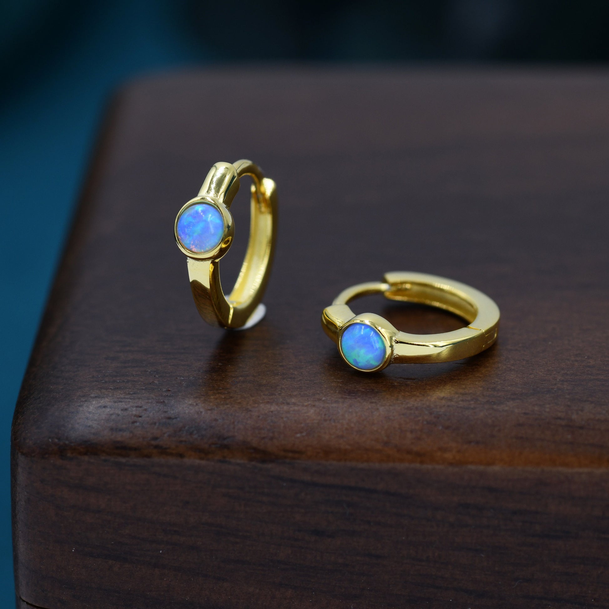 Blue Opal Dagger Huggie Hoop Earrings in Sterling Silver, Tiny Opal Hoops, Opal Hoops