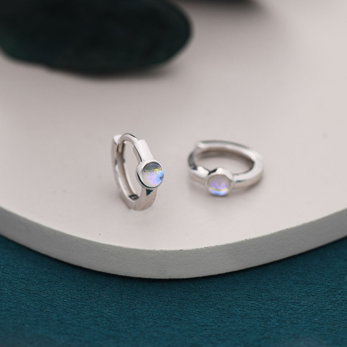 Moonstone Huggie Hoop Earrings in Sterling Silver, Tiny Moonstone Hoops, Moonstone Hoops, Simulated Moonstone Hoops