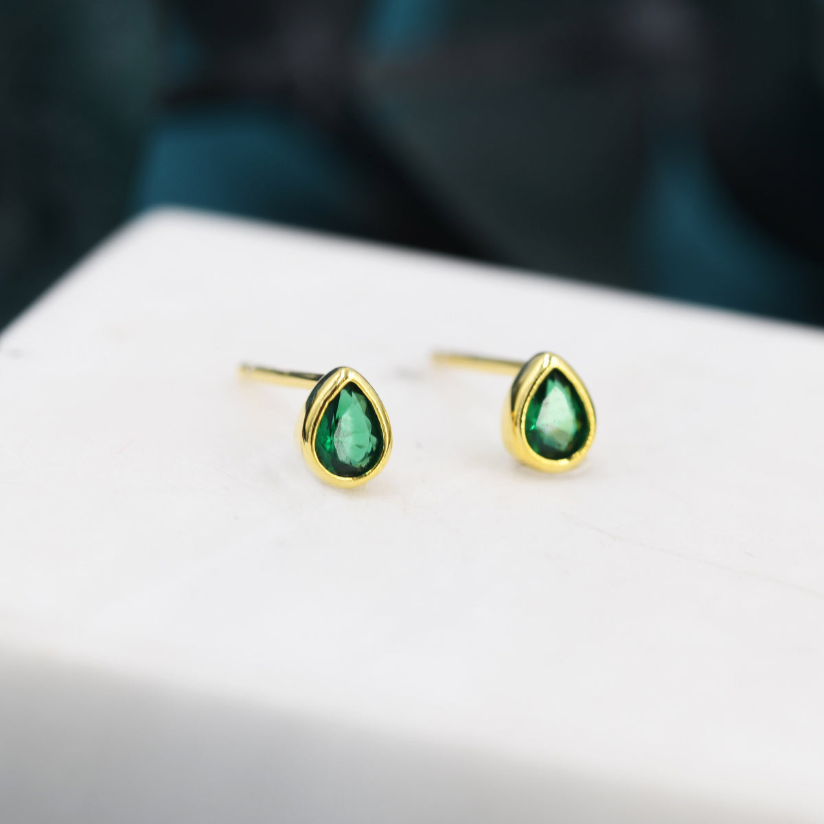 Extra Tiny Emerald Green Droplet CZ Stud Earrings in Sterling Silver, Silver or Gold, Tiny Pear Cut Bezel CZ Stud Earrings, May Birthstone