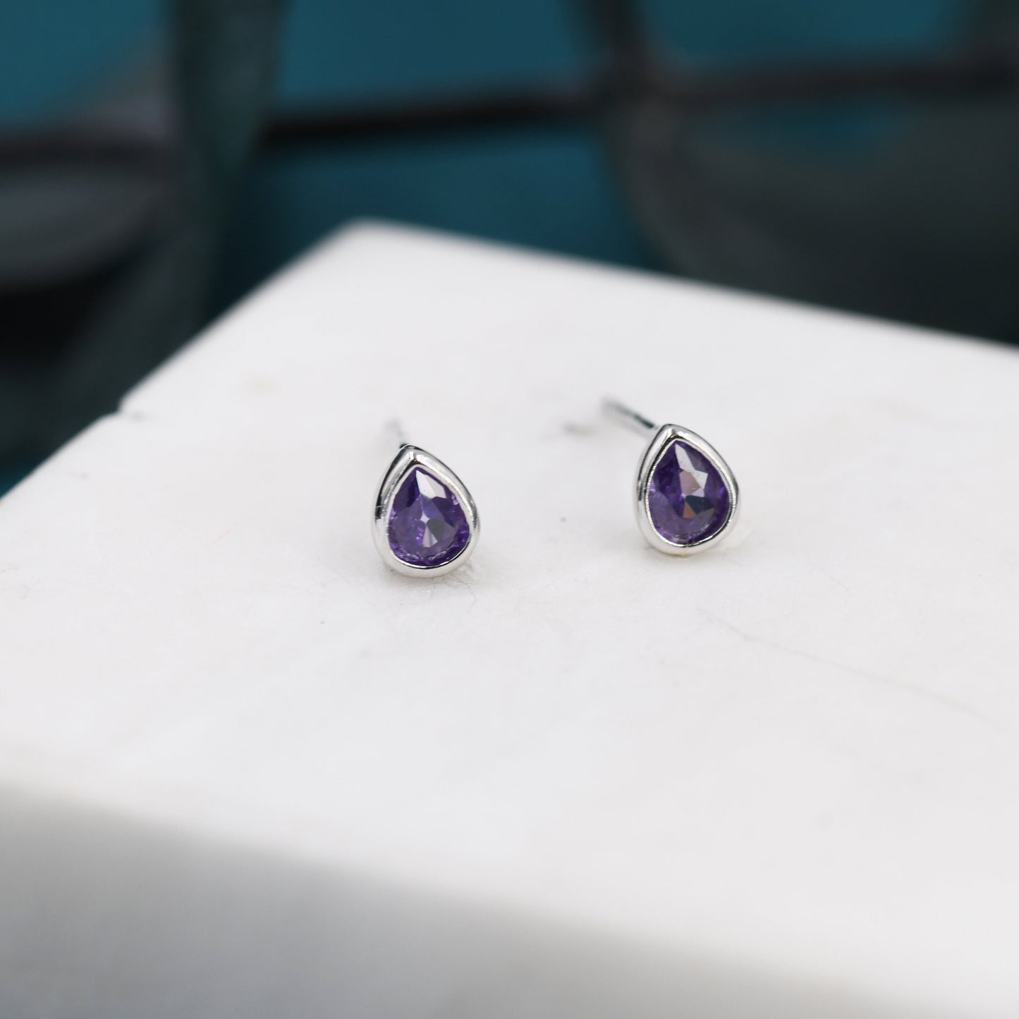 Extra Tiny Amethyst Purple Droplet CZ Stud Earrings in Sterling Silver, Tiny Pear Cut Bezel CZ Stud Earrings, February Birthstone