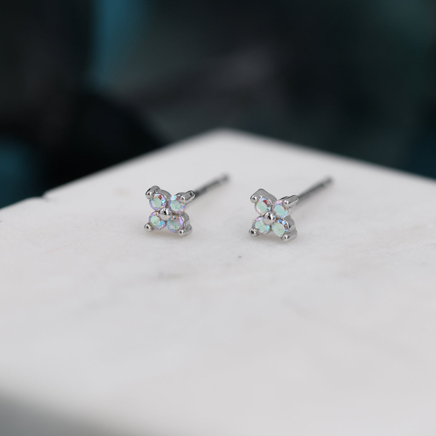 Extra Small Aurora CZ Flower Stud Earrings in Sterling Silver -  Aurora AB Crystal CZ Stud, Hydrangea Stud