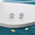Little Planet Stud Earrings in Sterling Silver with Simulated Moonstone, Moonstone Planet Earrings, Moonstone Planet Stud, Saturn Earrings