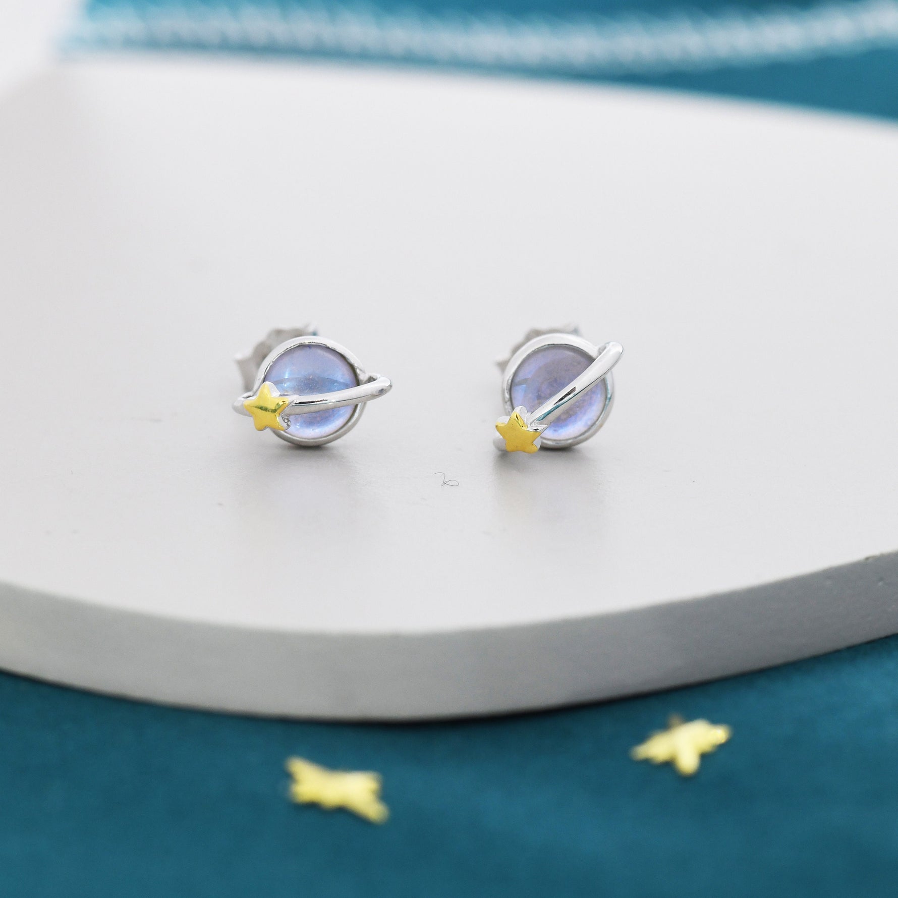 Little Planet Stud Earrings in Sterling Silver with Simulated Moonstone, Moonstone Planet Earrings, Moonstone Planet Stud, Saturn Earrings