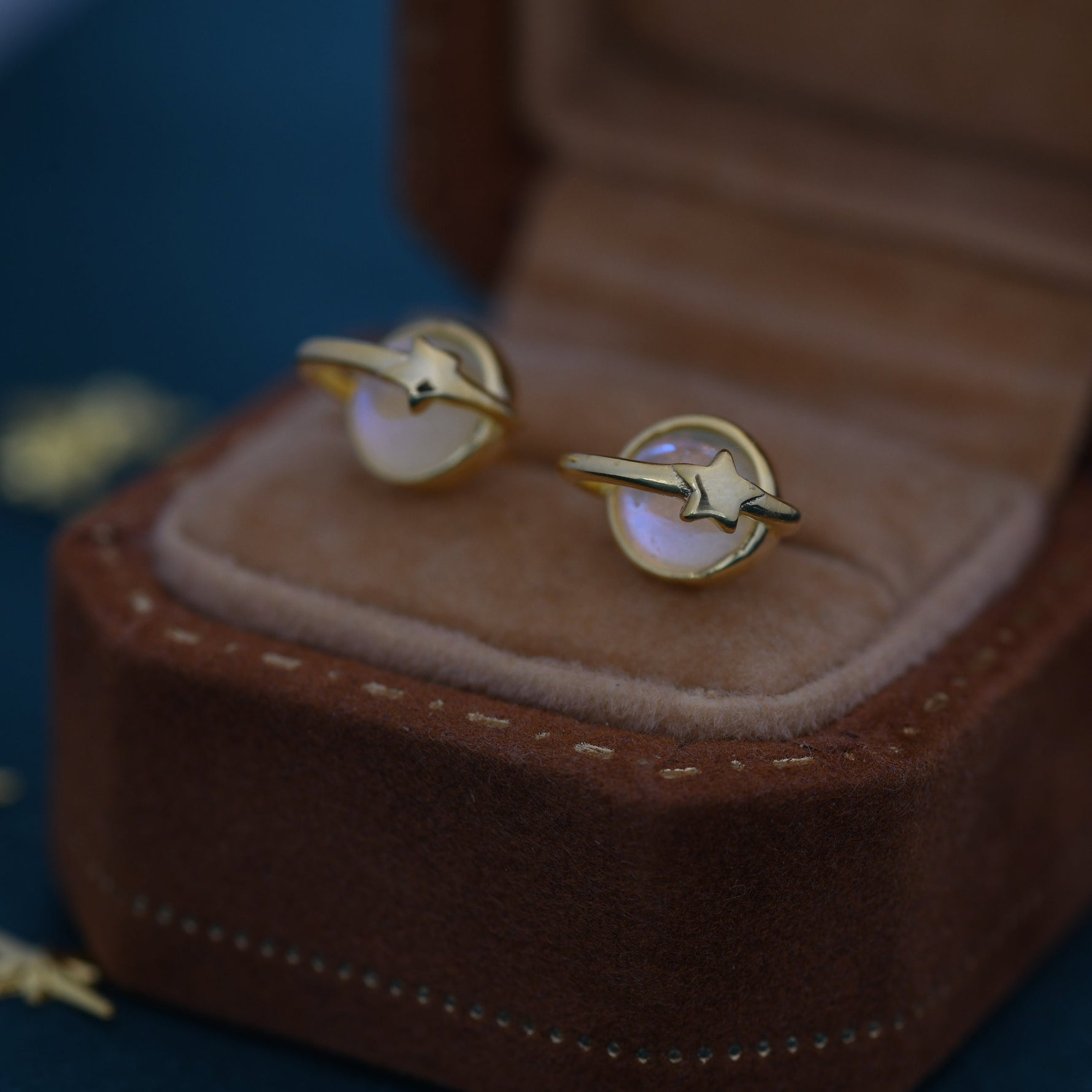 Little Planet Stud Earrings in Sterling Silver with Simulated Moonstone, Moonstone Planet Earrings, Moonstone Planet Stud, Saturn Earrings