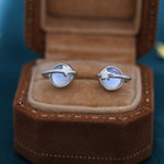 Little Planet Stud Earrings in Sterling Silver with Simulated Moonstone, Moonstone Planet Earrings, Moonstone Planet Stud, Saturn Earrings