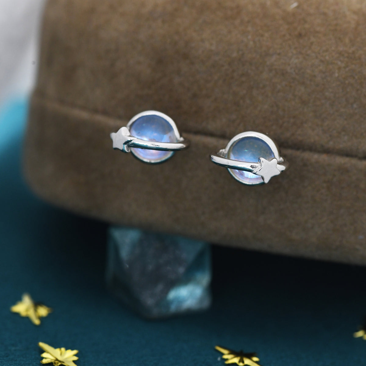Little Planet Stud Earrings in Sterling Silver with Simulated Moonstone, Moonstone Planet Earrings, Moonstone Planet Stud, Saturn Earrings