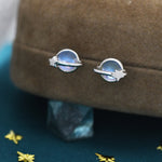 Little Planet Stud Earrings in Sterling Silver with Simulated Moonstone, Moonstone Planet Earrings, Moonstone Planet Stud, Saturn Earrings