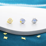 Little Planet Stud Earrings in Sterling Silver with Simulated Moonstone, Moonstone Planet Earrings, Moonstone Planet Stud, Saturn Earrings