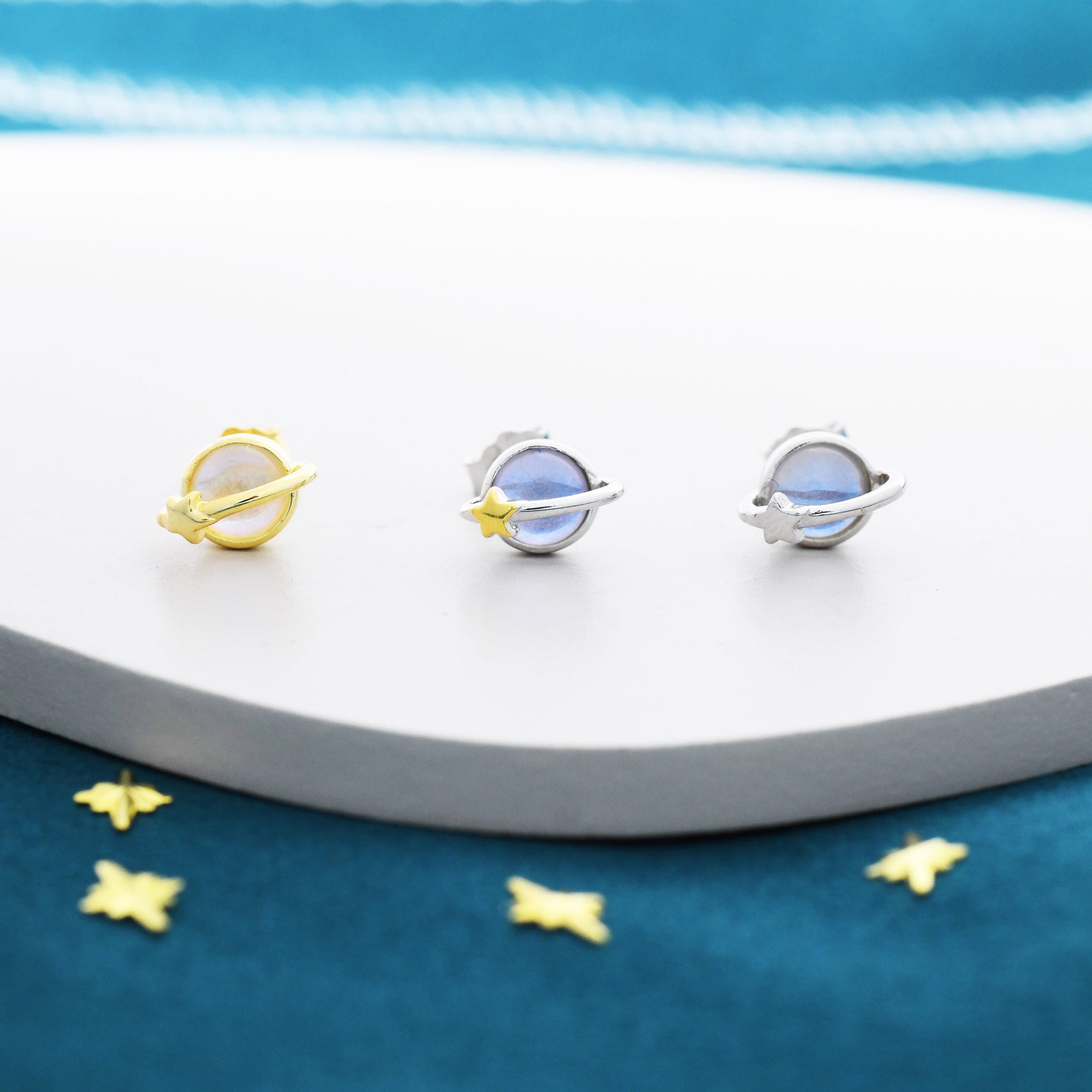 Little Planet Stud Earrings in Sterling Silver with Simulated Moonstone, Moonstone Planet Earrings, Moonstone Planet Stud, Saturn Earrings