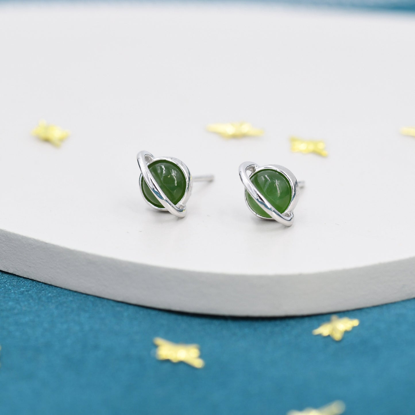 Genuine Jade Crystal Planet Stud Earrings in Sterling Silver, Green Jade Planet Earrings, Jade Saturn Earrings