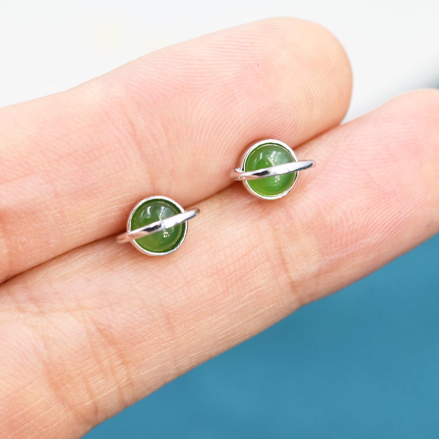 Genuine Jade Crystal Planet Stud Earrings in Sterling Silver, Green Jade Planet Earrings, Jade Saturn Earrings