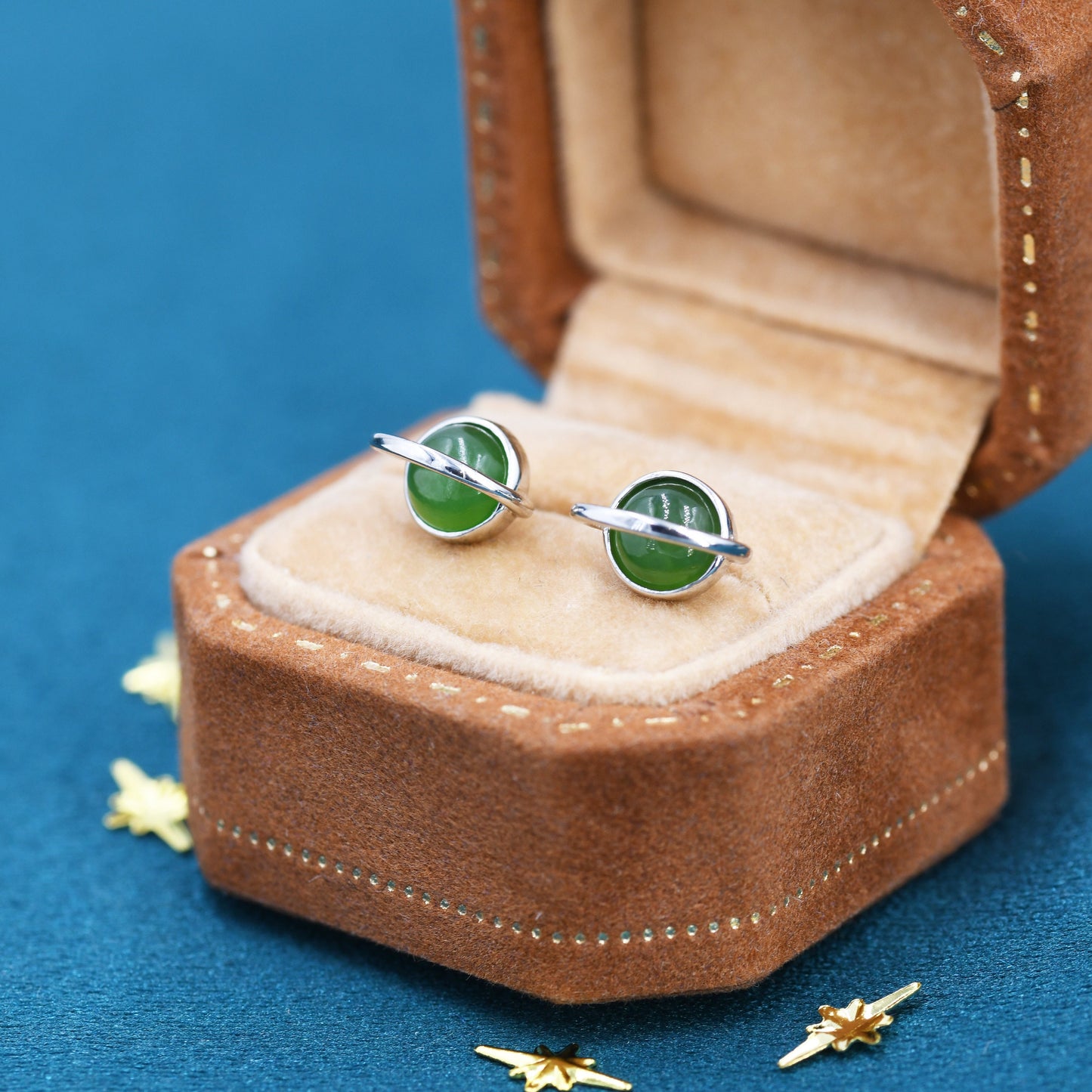 Genuine Jade Crystal Planet Stud Earrings in Sterling Silver, Green Jade Planet Earrings, Jade Saturn Earrings