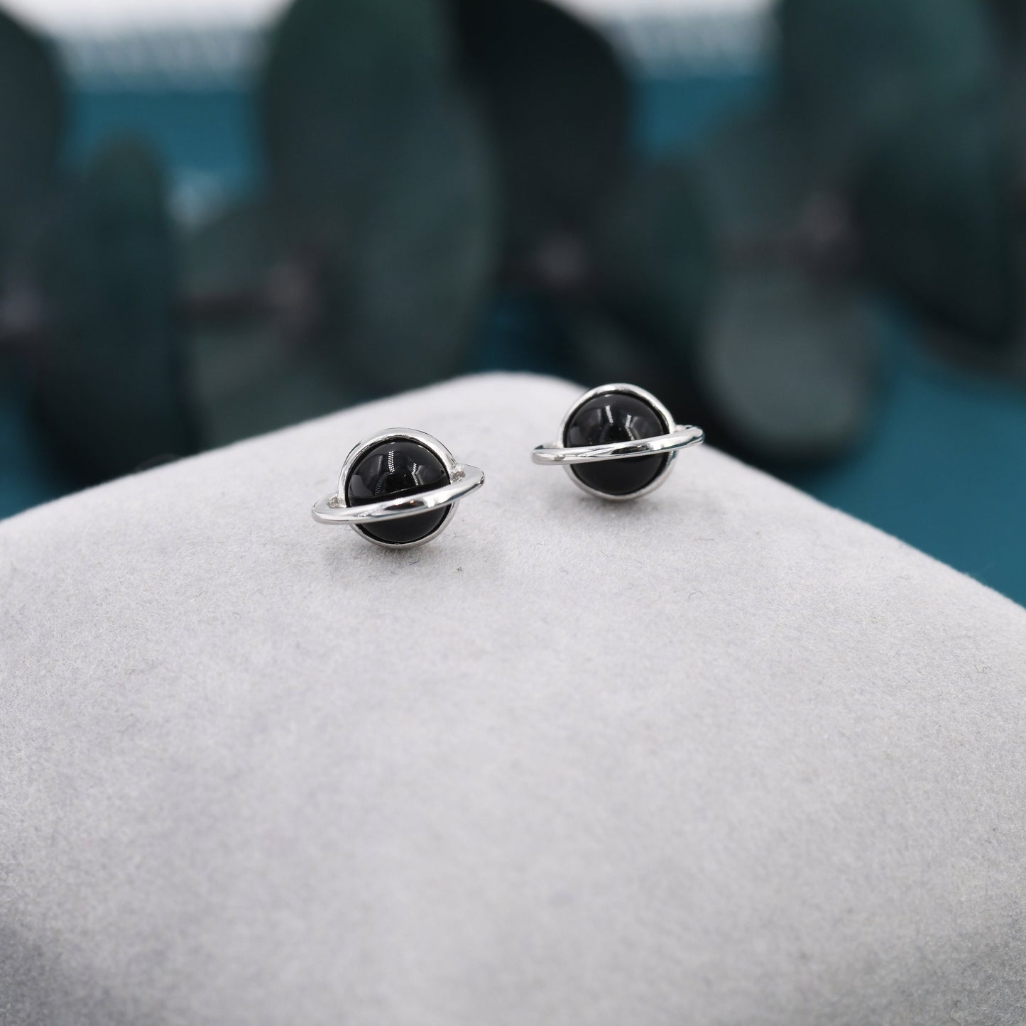 Genuine Black Onyx Planet Stud Earrings in Sterling Silver, Black Onyx Planet Earrings, Black Onyx Saturn Earrings