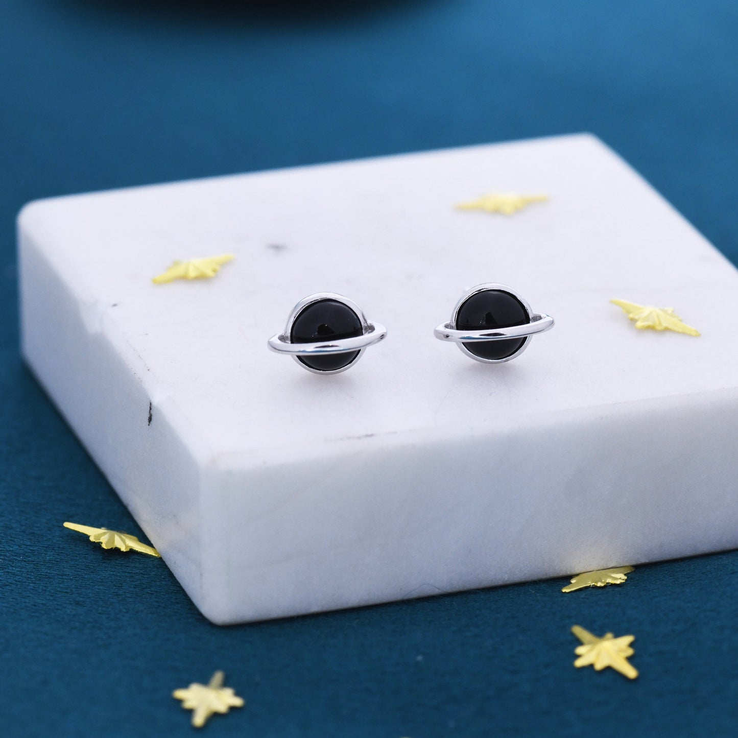 Genuine Black Onyx Planet Stud Earrings in Sterling Silver, Black Onyx Planet Earrings, Black Onyx Saturn Earrings