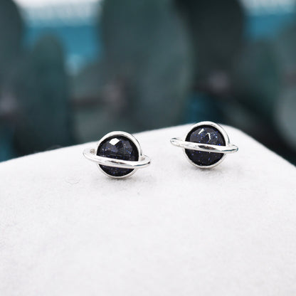 Genuine Blue Sandstone Planet Stud Earrings in Sterling Silver, Blue Goldstone Planet Earrings, Blue Saturn Earrings