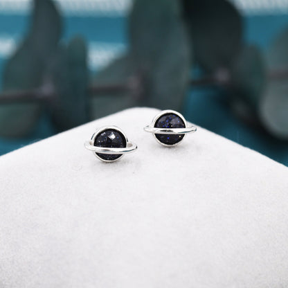 Genuine Blue Sandstone Planet Stud Earrings in Sterling Silver, Blue Goldstone Planet Earrings, Blue Saturn Earrings