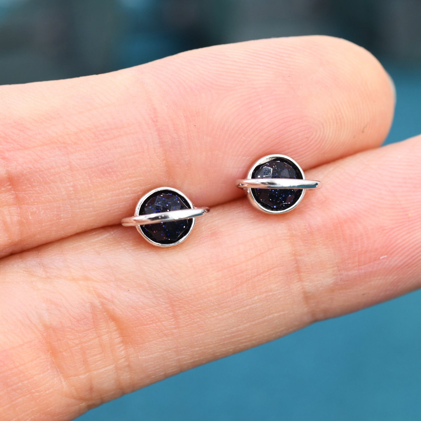 Genuine Blue Sandstone Planet Stud Earrings in Sterling Silver, Blue Goldstone Planet Earrings, Blue Saturn Earrings