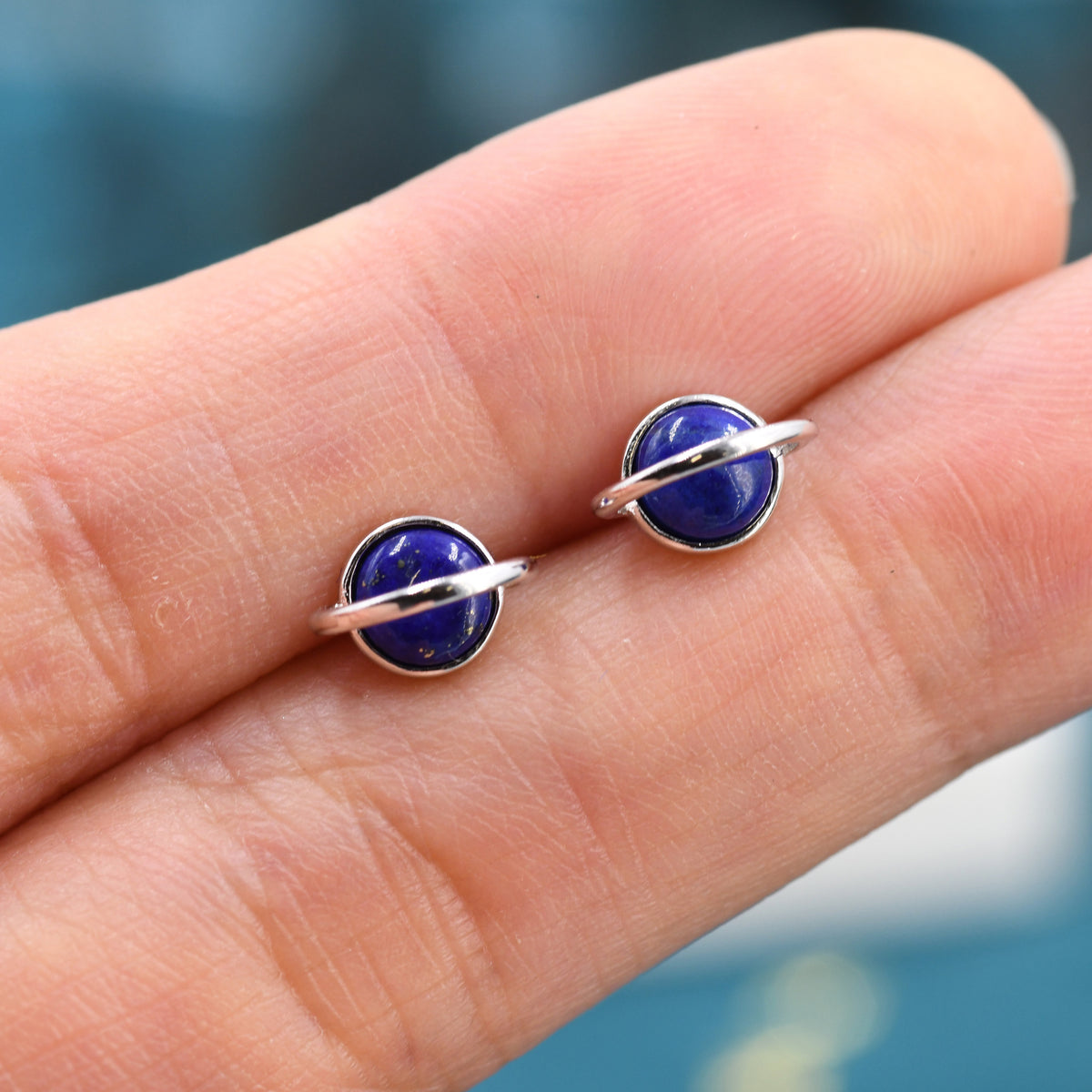 Genuine Blue Lapis Lazuli Planet Stud Earrings in Sterling Silver, Blue Lapis Planet Earrings, Blue Saturn Earrings