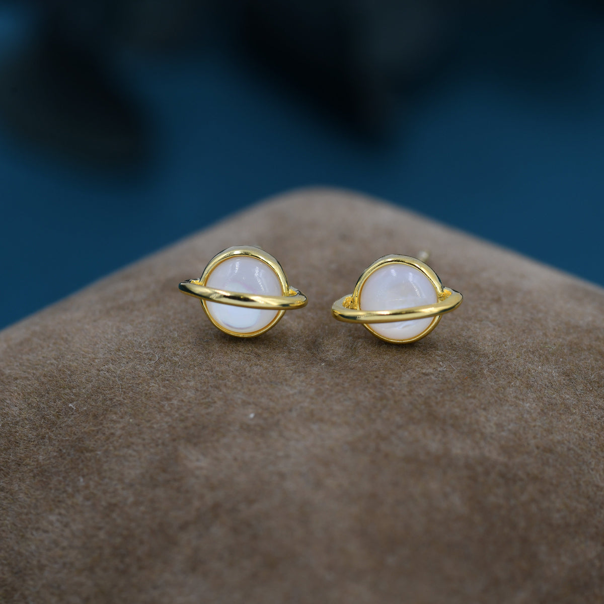 Genuine Mother of Pearl Planet Stud Earrings in Sterling Silver, Mother of Pearl Planet Earrings, Opal Saturn Earrings