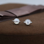 Genuine Mother of Pearl Planet Stud Earrings in Sterling Silver, Mother of Pearl Planet Earrings, Opal Saturn Earrings