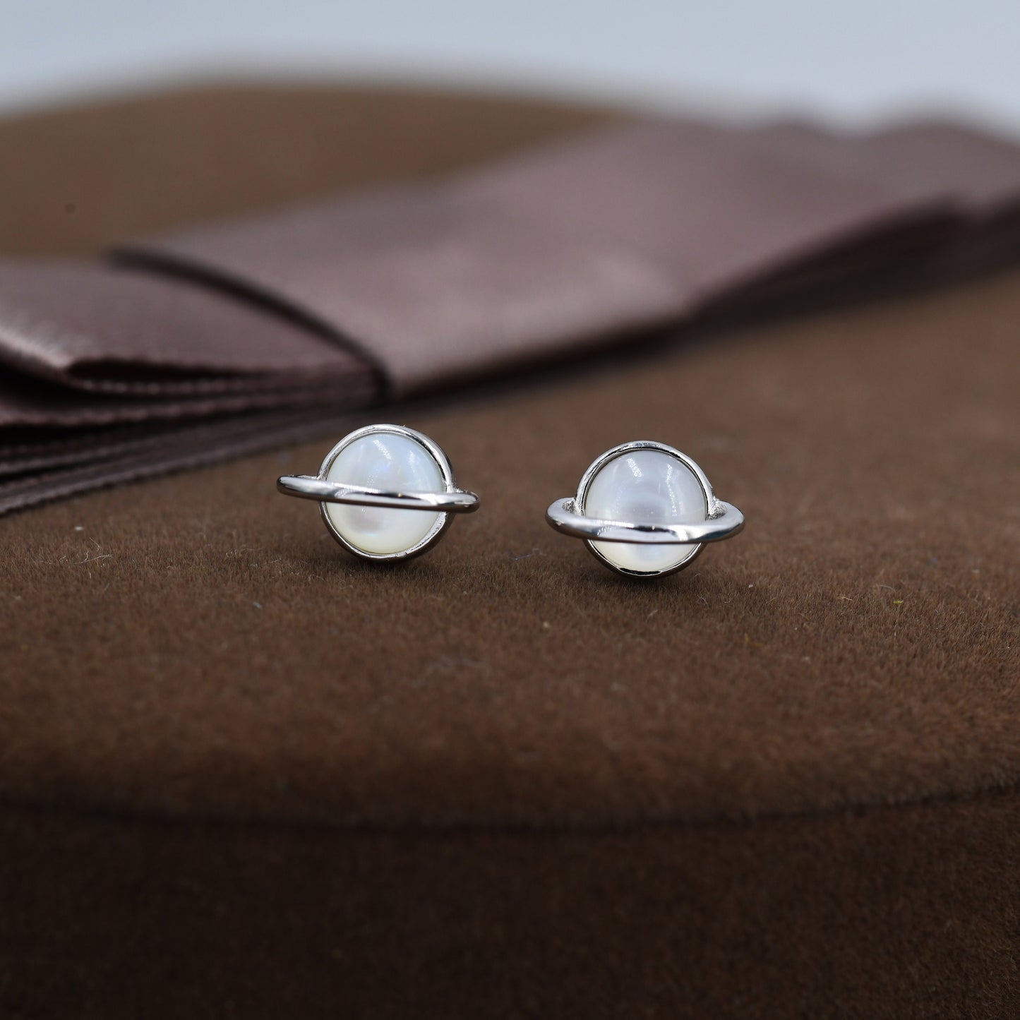 Genuine Mother of Pearl Planet Stud Earrings in Sterling Silver,  Mother of Pearl Planet Earrings, Opal Saturn Earrings