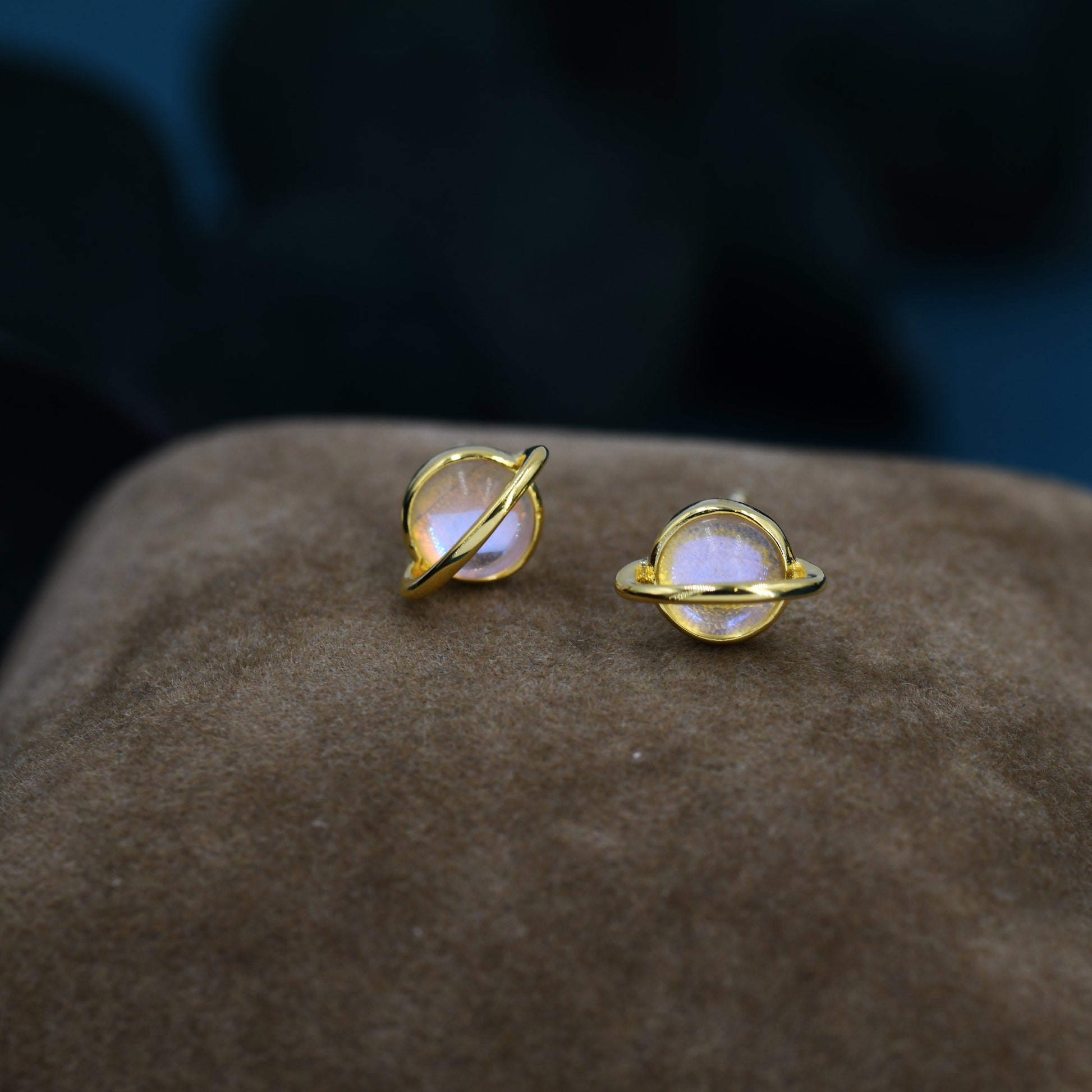 Moonstone Planet Stud Earrings in Sterling Silver, Lab Moonstone Planet Earrings, Opal Saturn Earrings