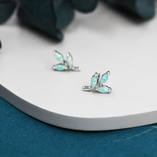 Tiny Little Opal Leaf Stud Earrings in Sterling Silver, Silver or Gold, Olive Leaf Earrings with Lab Opal, Opal Leaf Earrings