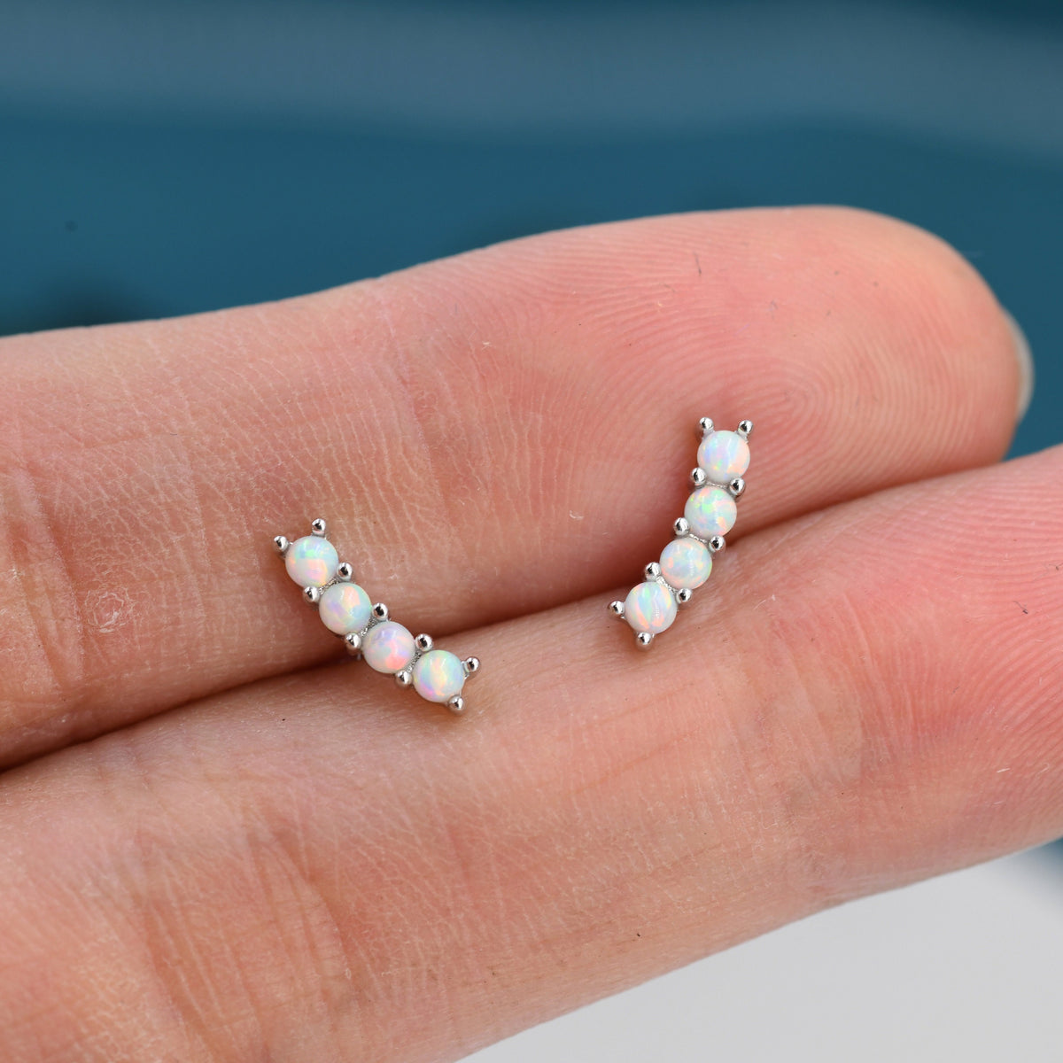 Tiny Little Opal Curved Bar Stud Earrings in Sterling Silver, Silver or Gold, Blue Opal or White Opal, Opal Bar Earrings