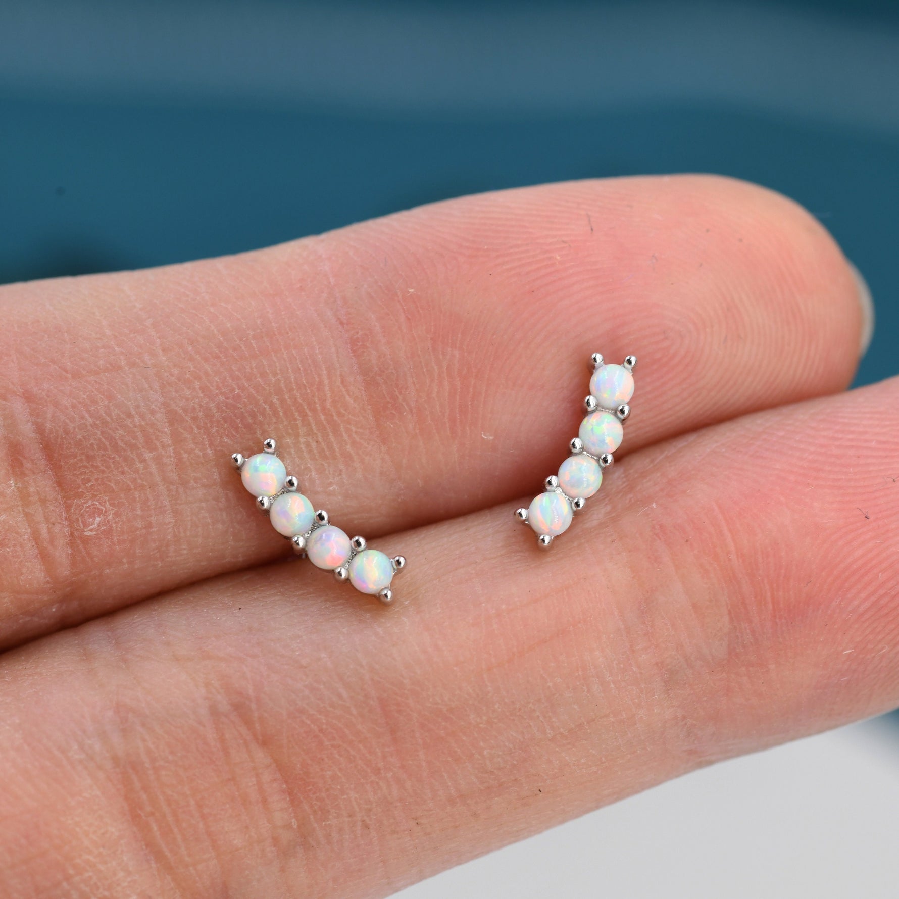 Tiny Little Opal Curved Bar Stud Earrings in Sterling Silver, Silver or Gold, Blue Opal or White Opal, Opal Bar Earrings