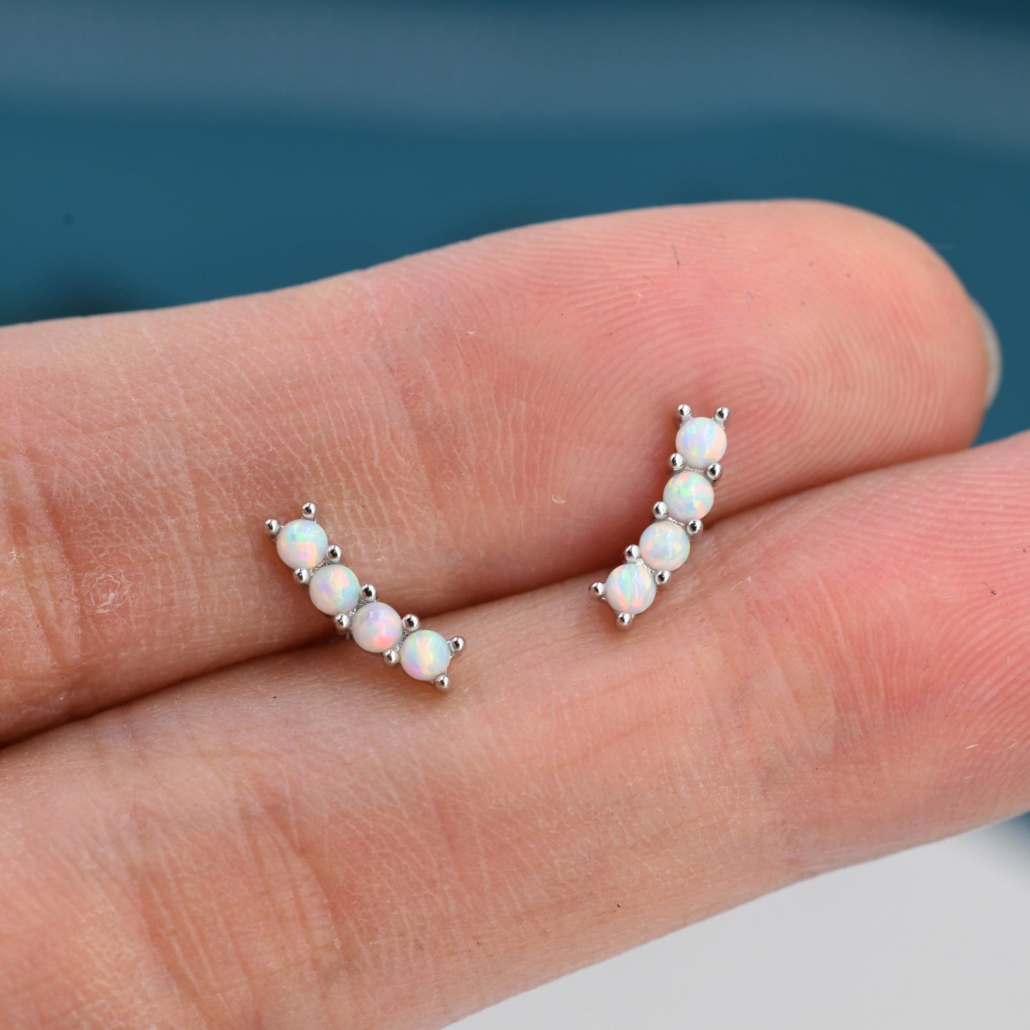 Tiny Little Opal Curved Bar Stud Earrings in Sterling Silver, Silver or Gold,  Blue Opal or White Opal, Opal Bar Earrings