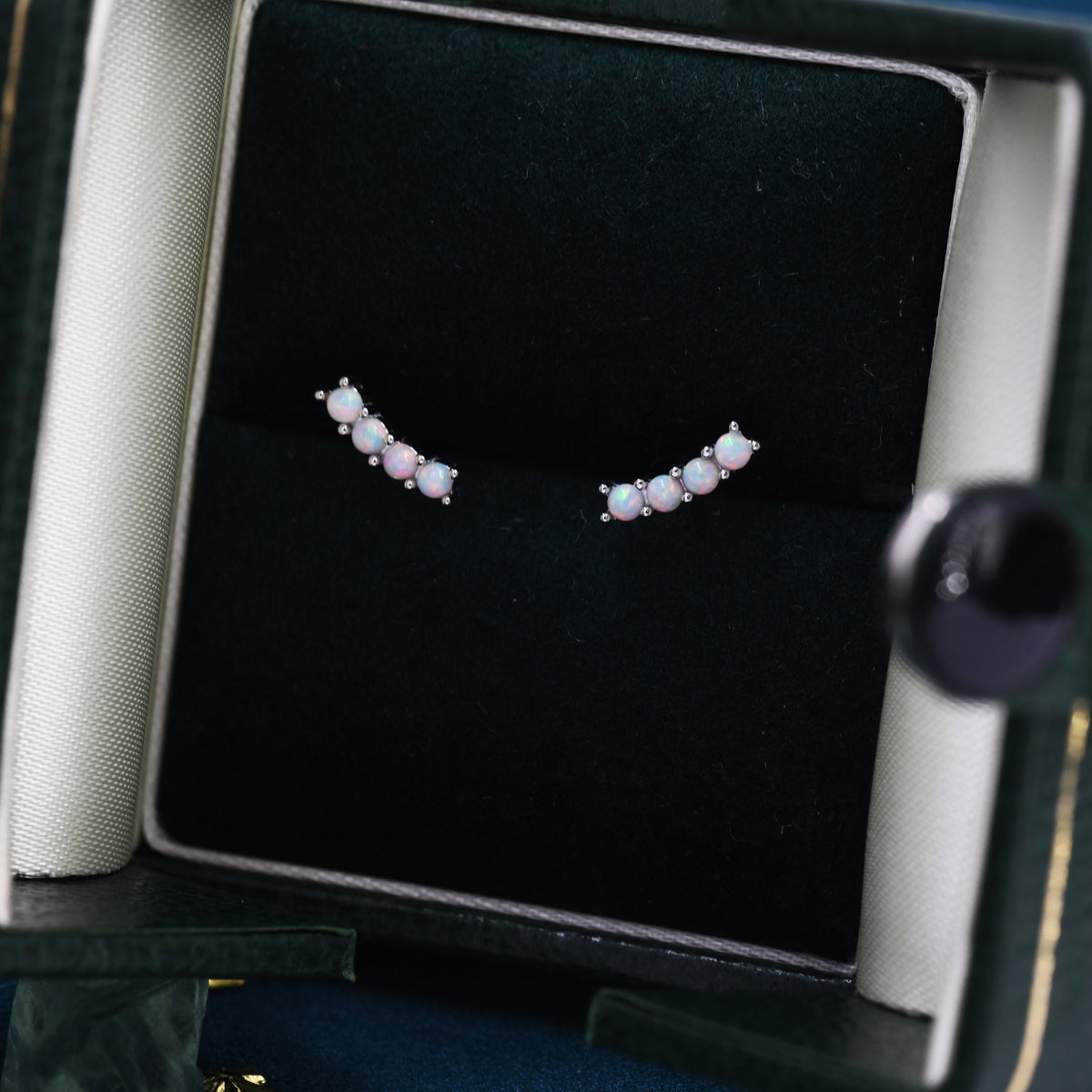 Tiny Little Opal Curved Bar Stud Earrings in Sterling Silver, Silver or Gold, Blue Opal or White Opal, Opal Bar Earrings
