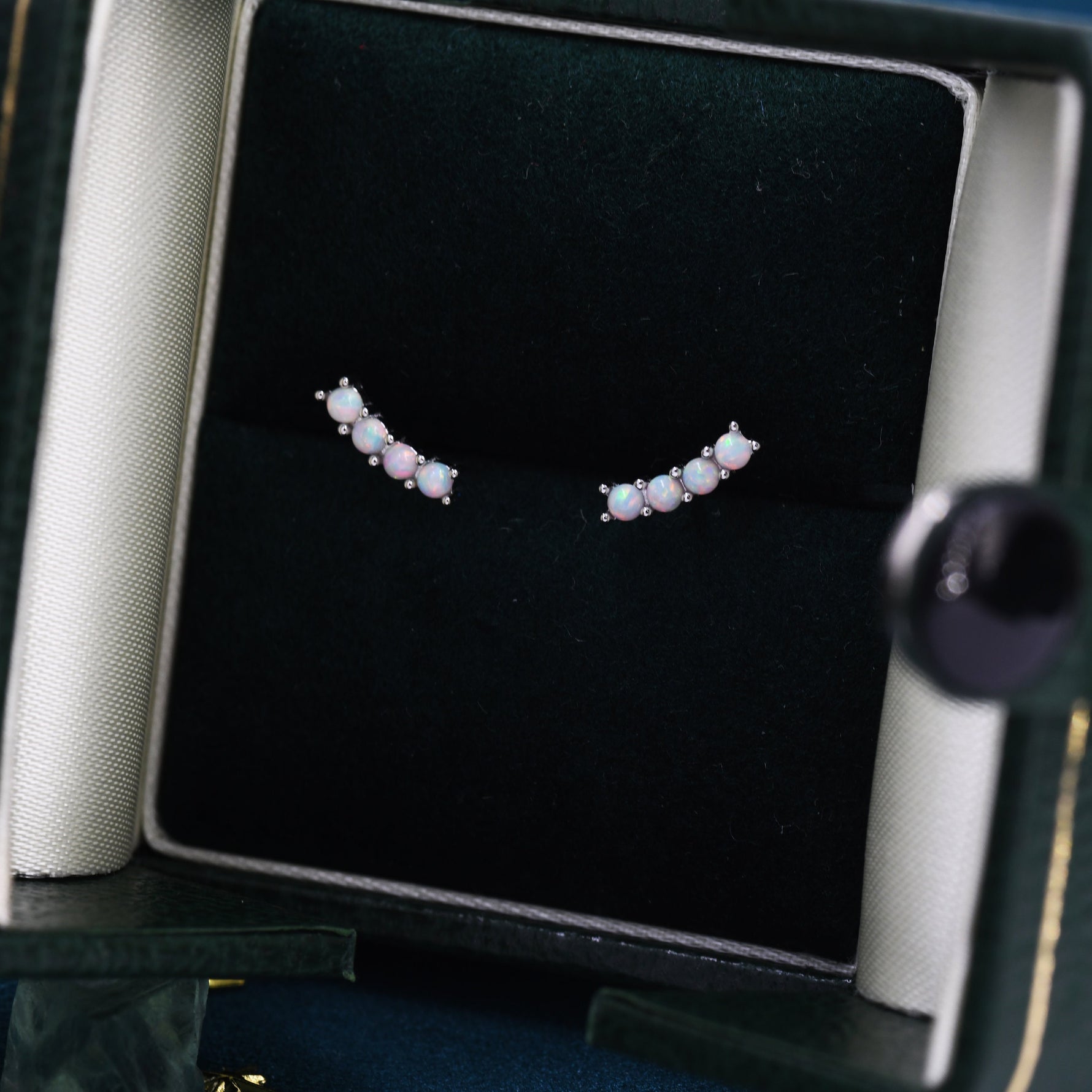 Tiny Little Opal Curved Bar Stud Earrings in Sterling Silver, Silver or Gold, Blue Opal or White Opal, Opal Bar Earrings