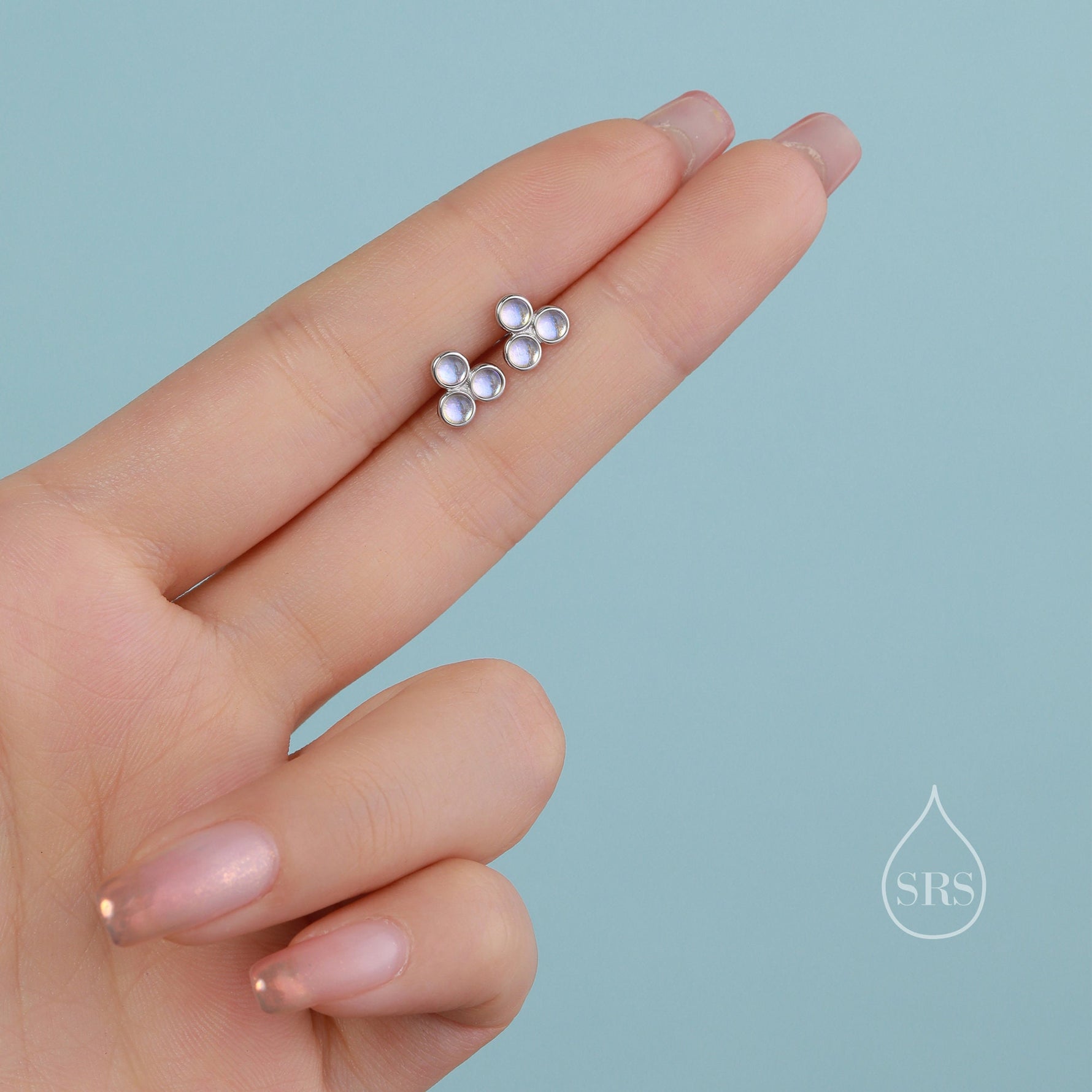 Moonstone Trio Stud Earrings in Sterling Silver, Moonstone Trinity Earrings, Simulated Moonstone Earrings, Trefoil Three