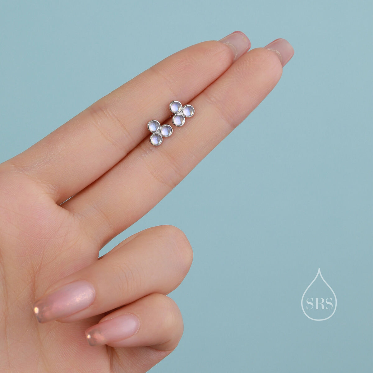 Moonstone Trio Screw back Earrings in Sterling Silver, Moonstone Trinity Earrings, Screwback Barbell, Simulated Moonstone Earrings