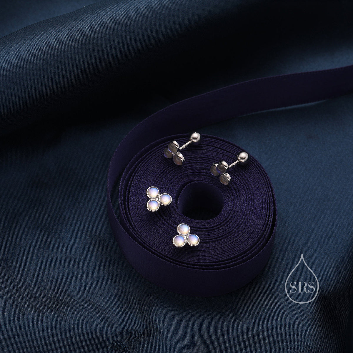Moonstone Trio Screw back Earrings in Sterling Silver, Moonstone Trinity Earrings, Screwback Barbell, Simulated Moonstone Earrings