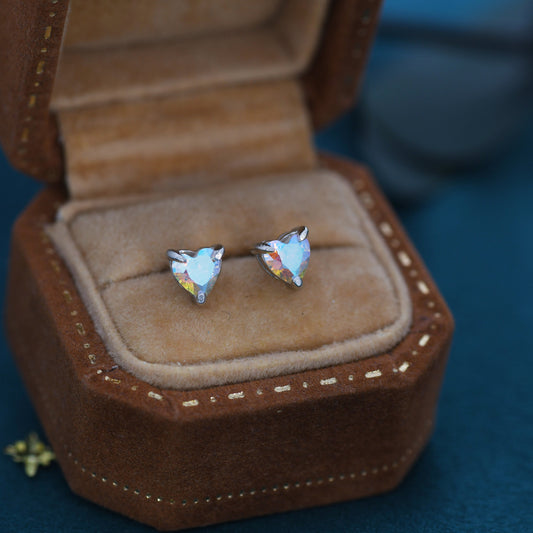 Aurora Borealis Heart Stud Earrings in Sterling Silver, AB CZ Heart Earrings, Aurora Colour Changing Heart Earrings