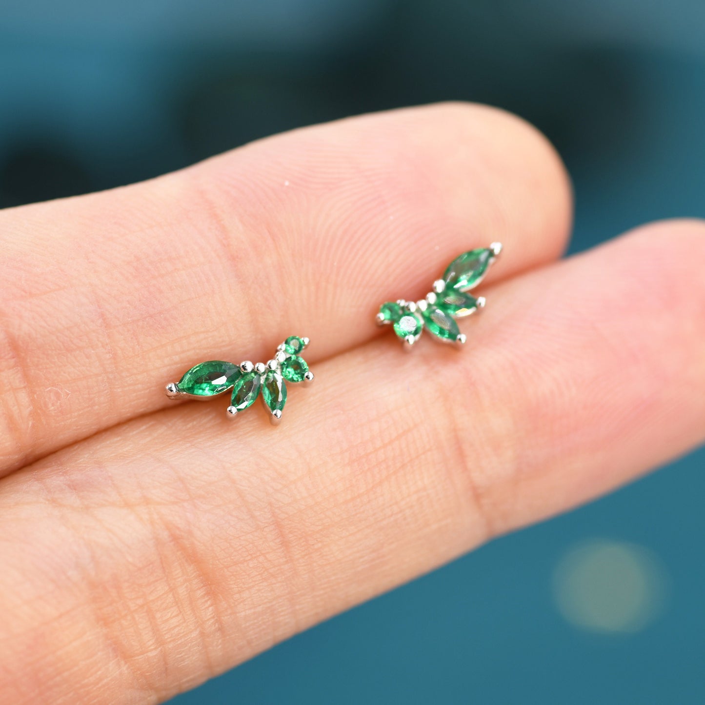 Emerald Green CZ Marquise Cluster Stud Earrings in Sterling Silver, Silver or Gold, Marquise Earrings, CZ Wing Earrings, Mini Crawler