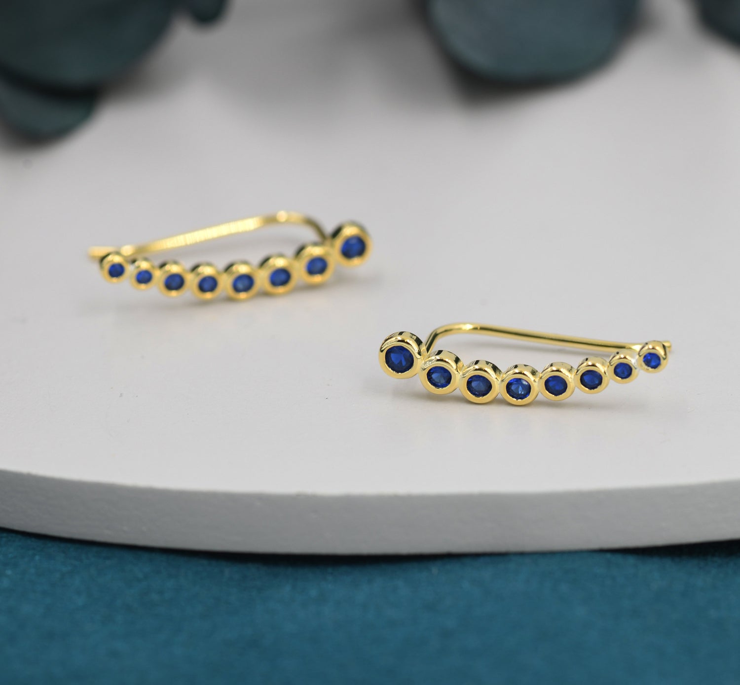 Sapphire Blue Pebble CZ Crawler Earrings in Sterling Silver, Silver or Gold, Dotted Ear Crawlers, Dots Crawler, Bobble Crawlers