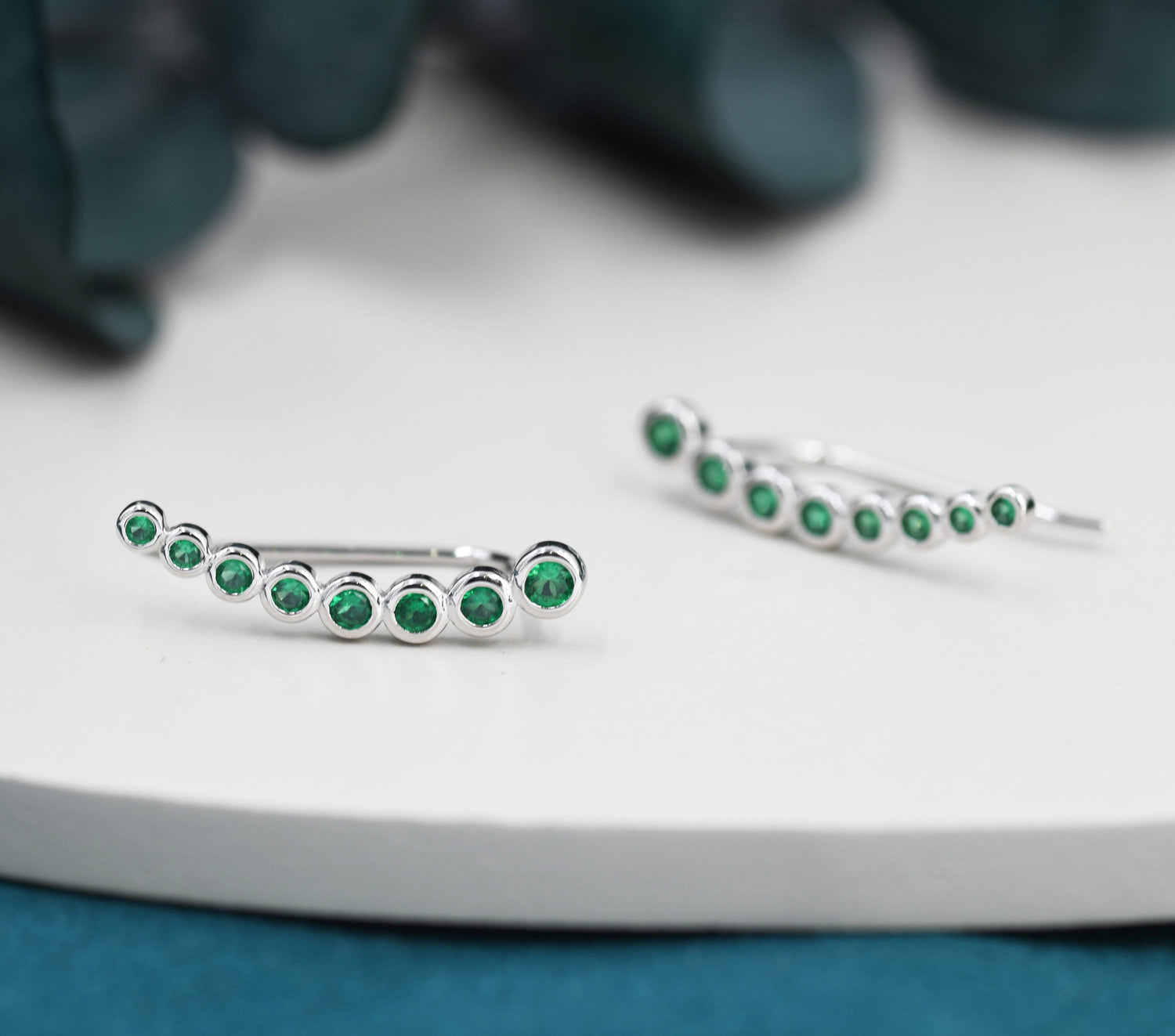 Emerald Green Pebble CZ Crawler Earrings in Sterling Silver, Silver or Gold, Dotted Ear Crawlers, Dots Crawler, Bobble Crawlers