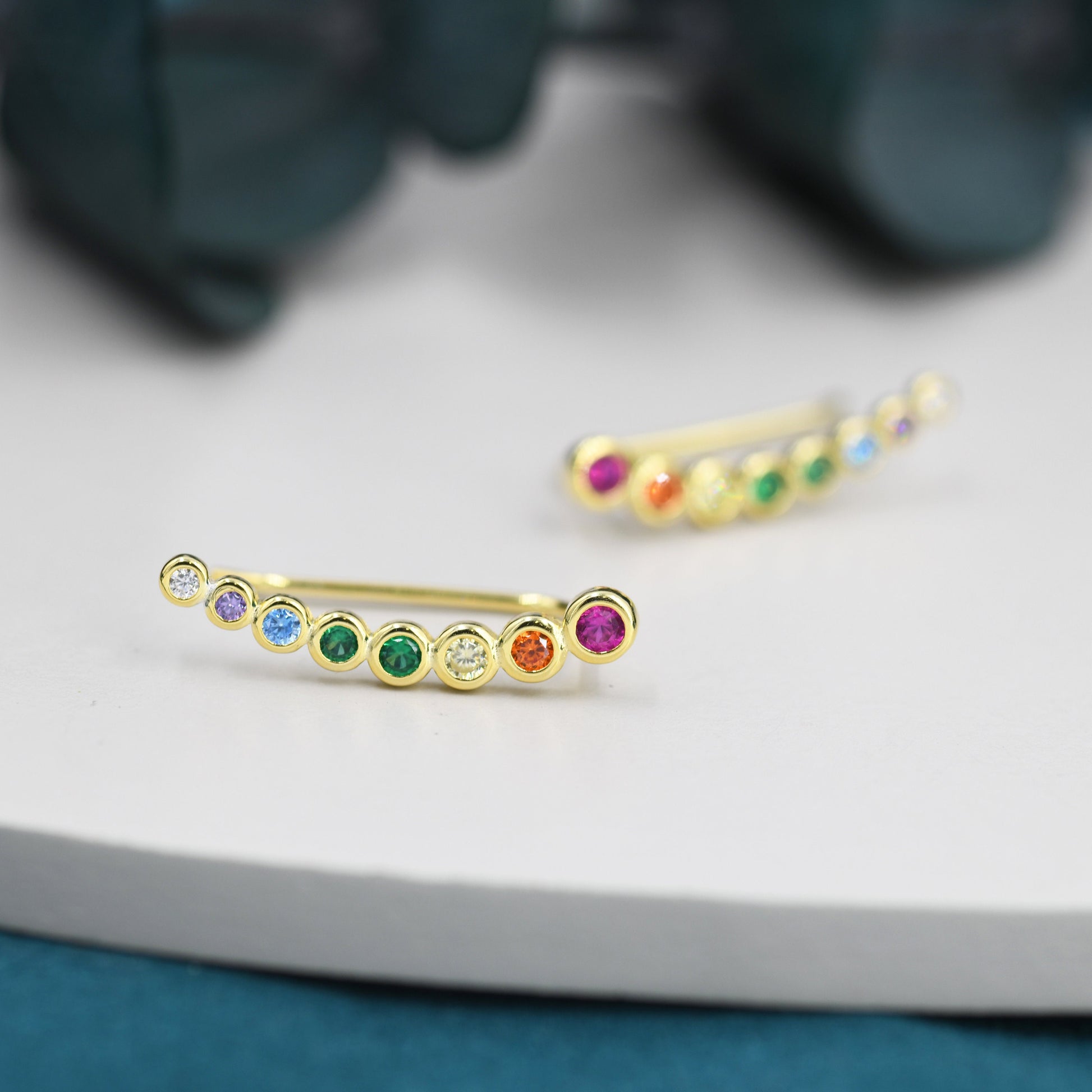Rainbow Pebble CZ Crawler Earrings in Sterling Silver, Silver or Gold, Dotted Ear Crawlers, Dots Crawler, Bobble Crawlers
