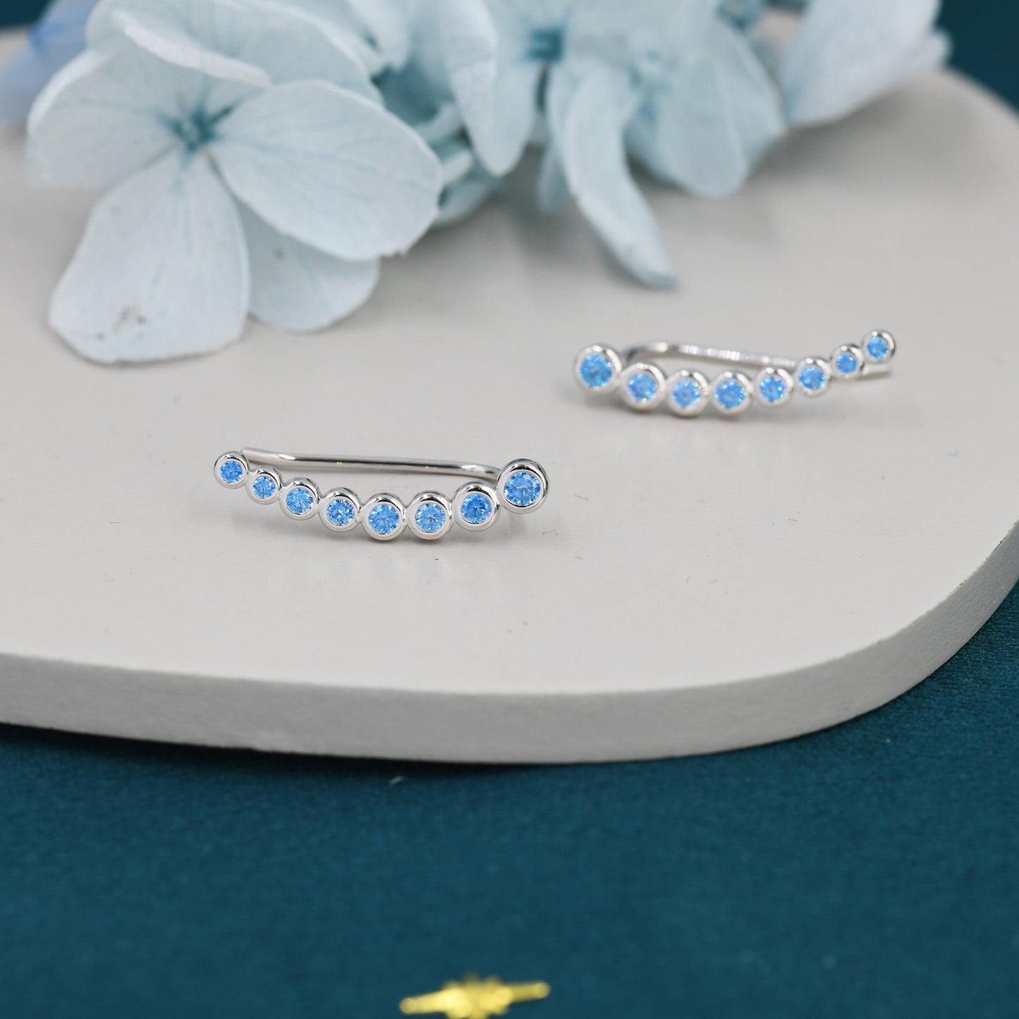 Aquamarine Blue CZ Crawler Earrings in Sterling Silver, Dotted Ear Crawlers, Dots Crawler, Bobble Crawlers