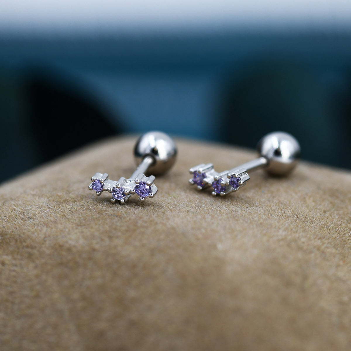 Tiny Amethyst Purple CZ Trio Screw Back Earrings in Sterling Silver, Silver or Gold, Tiny Three Star CZ Barbell Earrings, Stacking Earrings