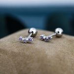 Tiny Amethyst Purple CZ Trio Screw Back Earrings in Sterling Silver, Silver or Gold, Tiny Three Star CZ Barbell Earrings, Stacking Earrings