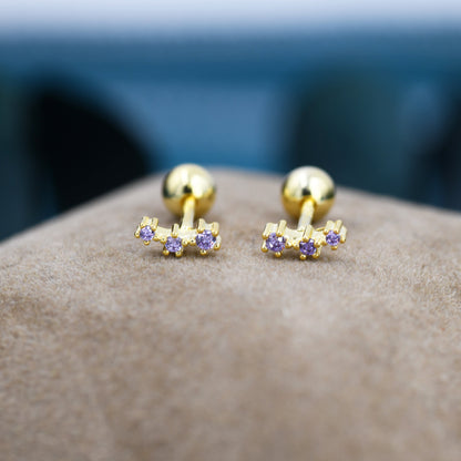 Tiny Amethyst Purple CZ Trio Screw Back Earrings in Sterling Silver, Silver or Gold, Tiny Three Star CZ Barbell Earrings, Stacking Earrings