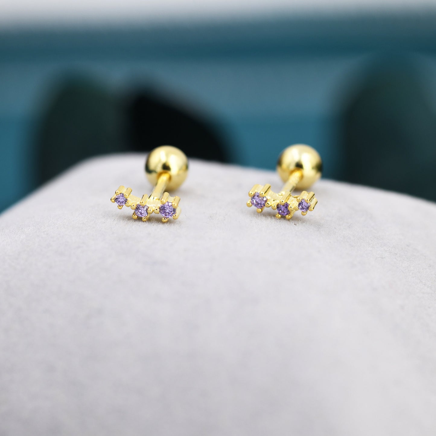 Tiny Amethyst Purple CZ Trio Screw Back Earrings in Sterling Silver, Silver or Gold, Tiny Three Star CZ Barbell Earrings, Stacking Earrings