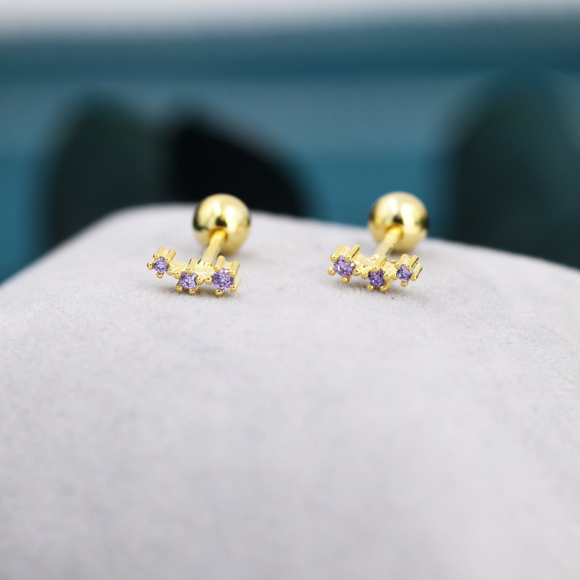 Tiny Amethyst Purple CZ Trio Screw Back Earrings in Sterling Silver, Silver or Gold, Tiny Three Star CZ Barbell Earrings, Stacking Earrings