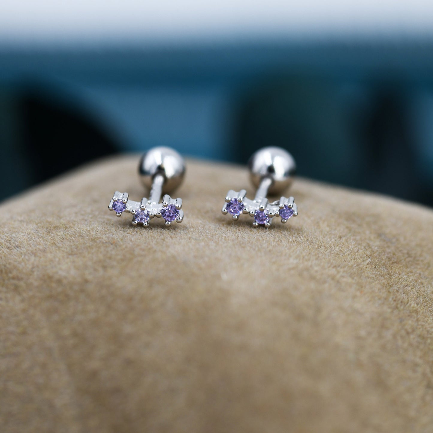 Tiny Amethyst Purple CZ Trio Screw Back Earrings in Sterling Silver, Silver or Gold, Tiny Three Star CZ Barbell Earrings, Stacking Earrings